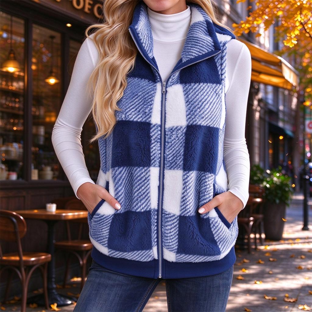 Women's Sleeveless Vest Plaid Zip Up Stand Collar Fuzzy Outerwear for Fall and Winter