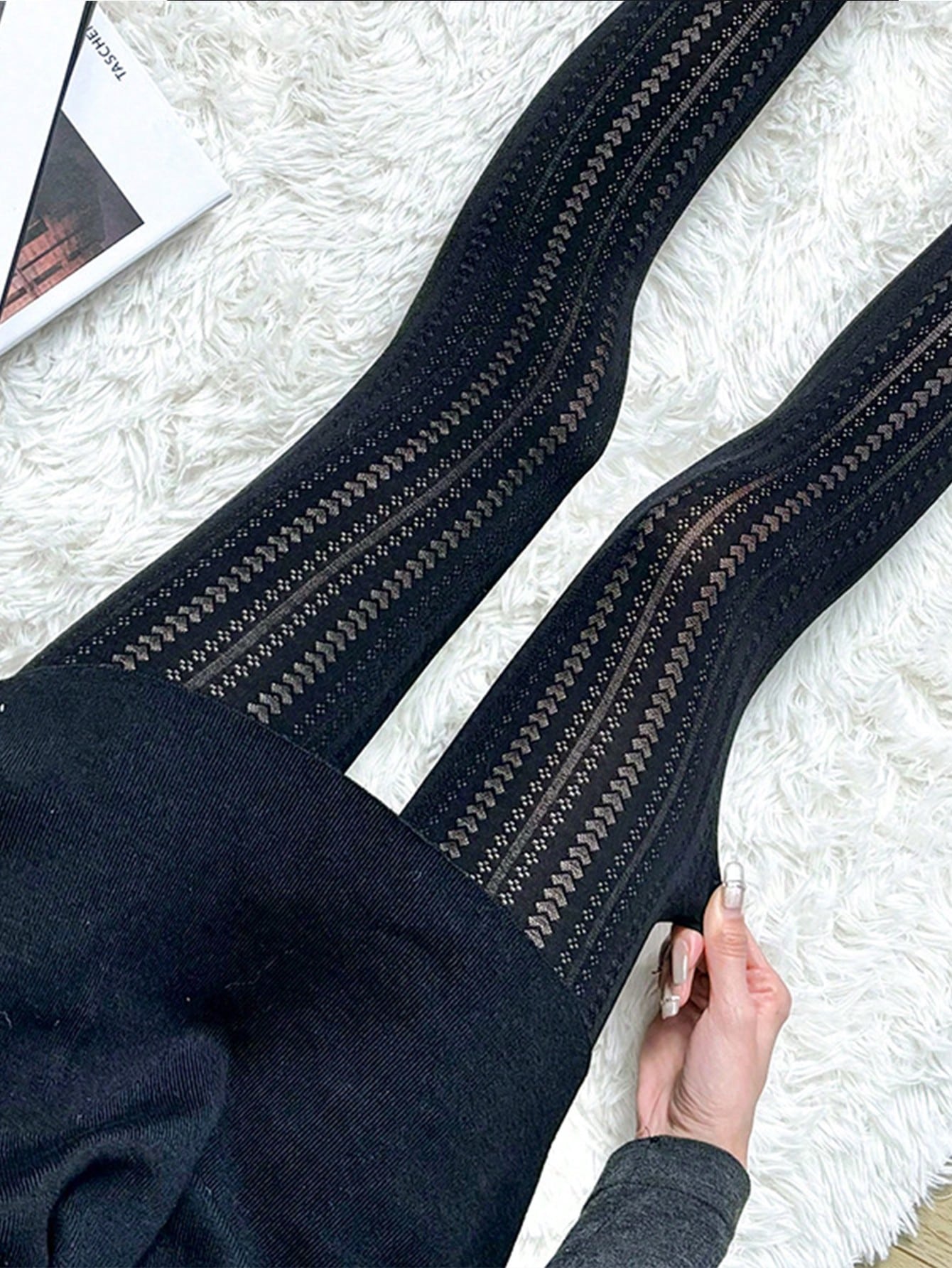 Vertical Chevron Hollow Sheer Black Tights High Waist Retro Elegant Daily Pantyhose Spring Autumn S