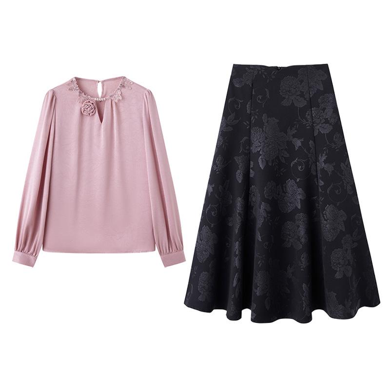 Spring 2025 Lace Butterfly Patchwork Two-Piece Set: Long Sleeve Shirt & Midi Skirt