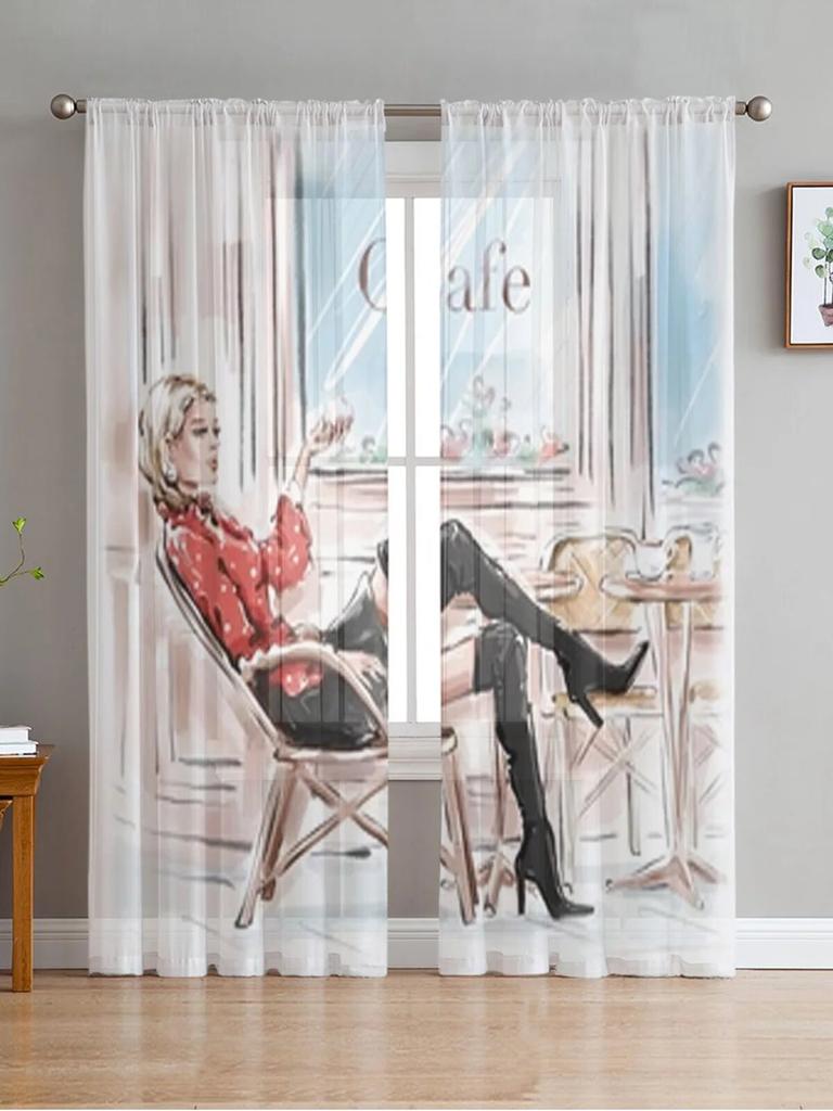 Krásná žena průsvitné závěsy do obývacího pokoje Dětská ložnice Tylové závěsy Závěsy pro ošetření oken v kuchyni