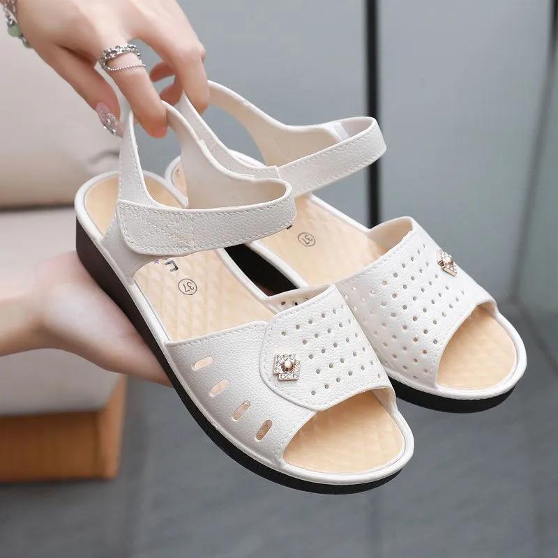 Women Fashion White Peep Toe High Quality Anti Skid Buckle Strap Flat Sandals Lady Classic Light Weight Shoes  Ab532