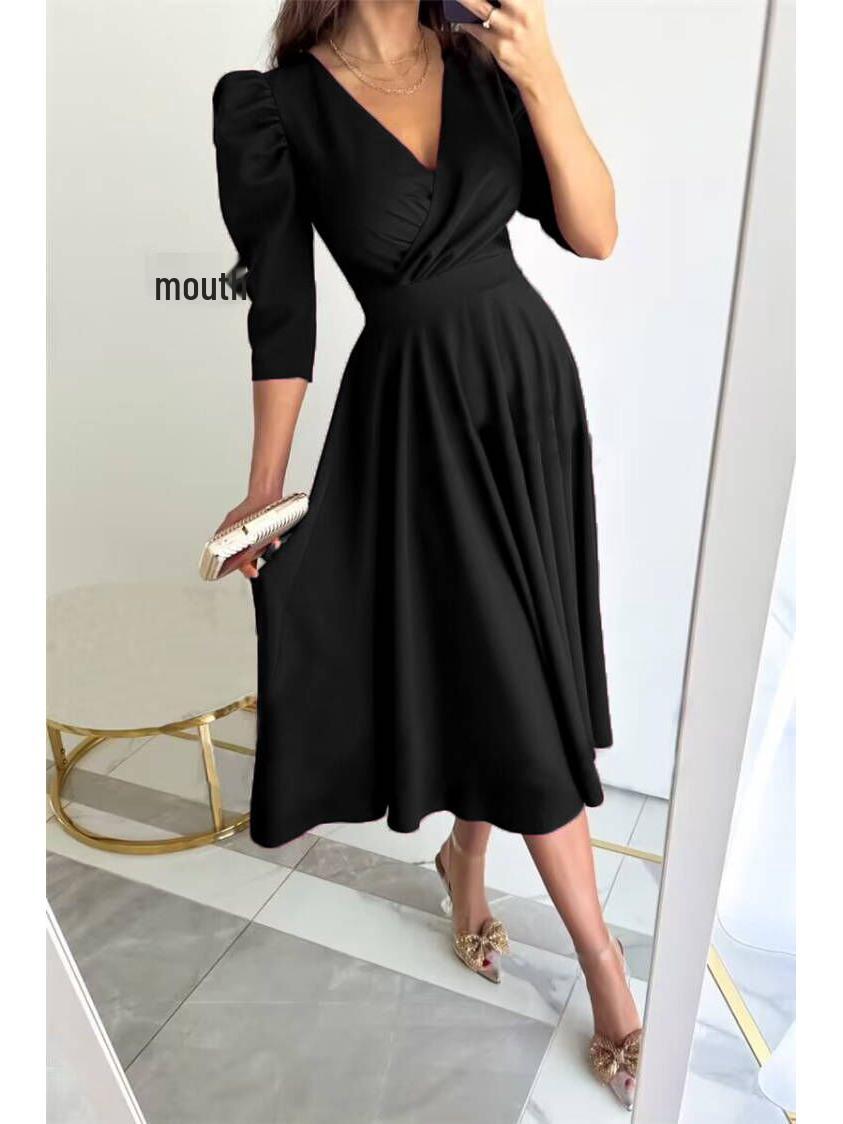 

V-Neck Puff Sleeve Swing Dress with Gathered Waist 2XL чёрный