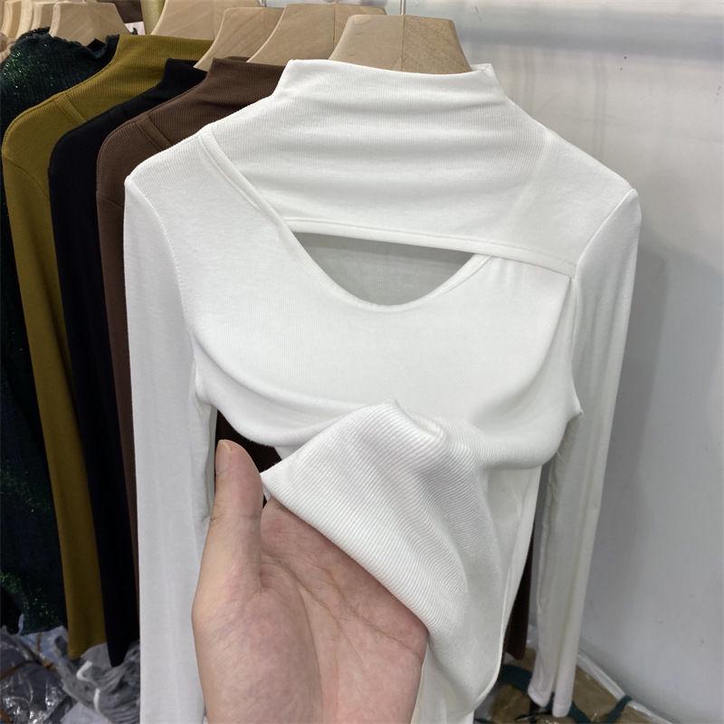 Plus Size Women's Semi-High Neck Hollow Out Long Sleeve T-Shirt for Autumn/Spring