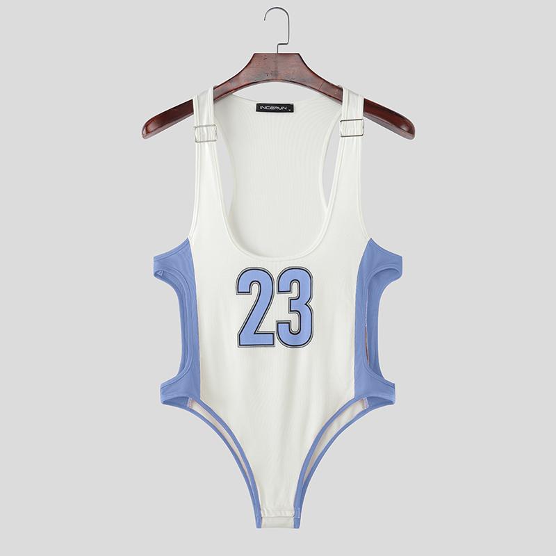 INCERUN Men Deep U Sleeveless Letter Print Fitted Playsuit Bodysuits Jumpsuits Underwear
