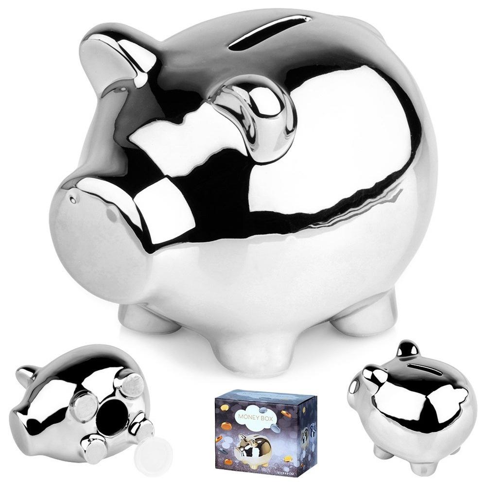Ceramic Mirror Silver Piggy Bank 11.5 X 9 Cm