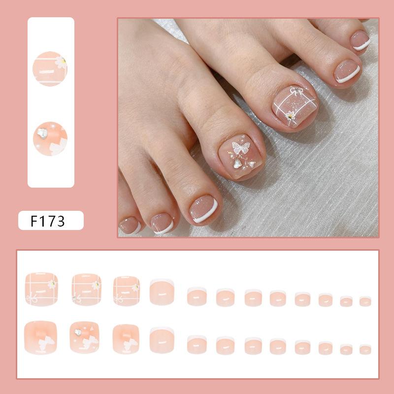 

Light Dream White Butterfly Blush Love Flash Diamond Pearl ins Wind Foot Nails Removable 24 Pieces