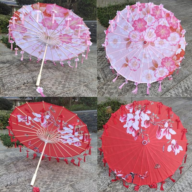 1PC Umbrella 70/82CM Oil Paper for Women Girl Performance Photo Props Antique Umbrella Parasol Satin Cloth Tassel
