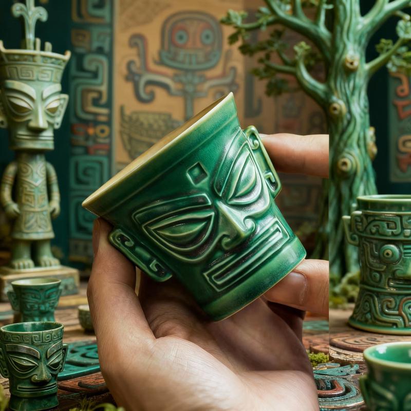 Sanxingdui Golden Mask Ceramic Master Cups (Set of 2)