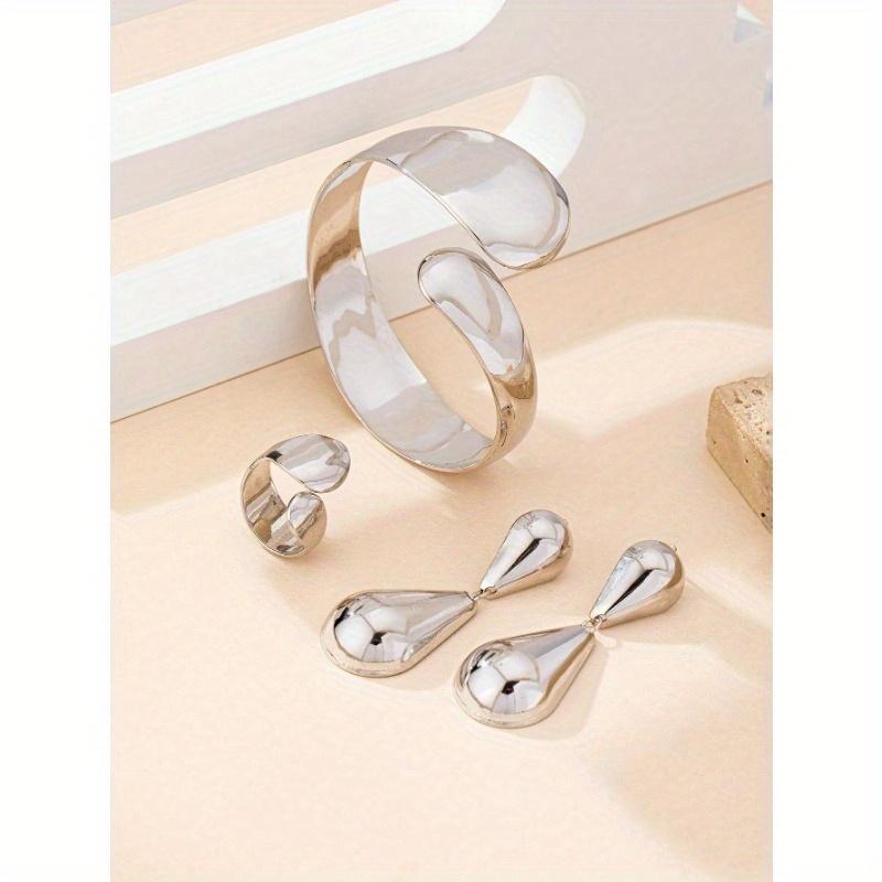 Geometric Open Cuff Bracelet, 1pc Open Ring, and 1 Pair of Droplet Shaped Pendant Earrings Retro Exaggerated Jewelry Set for Women