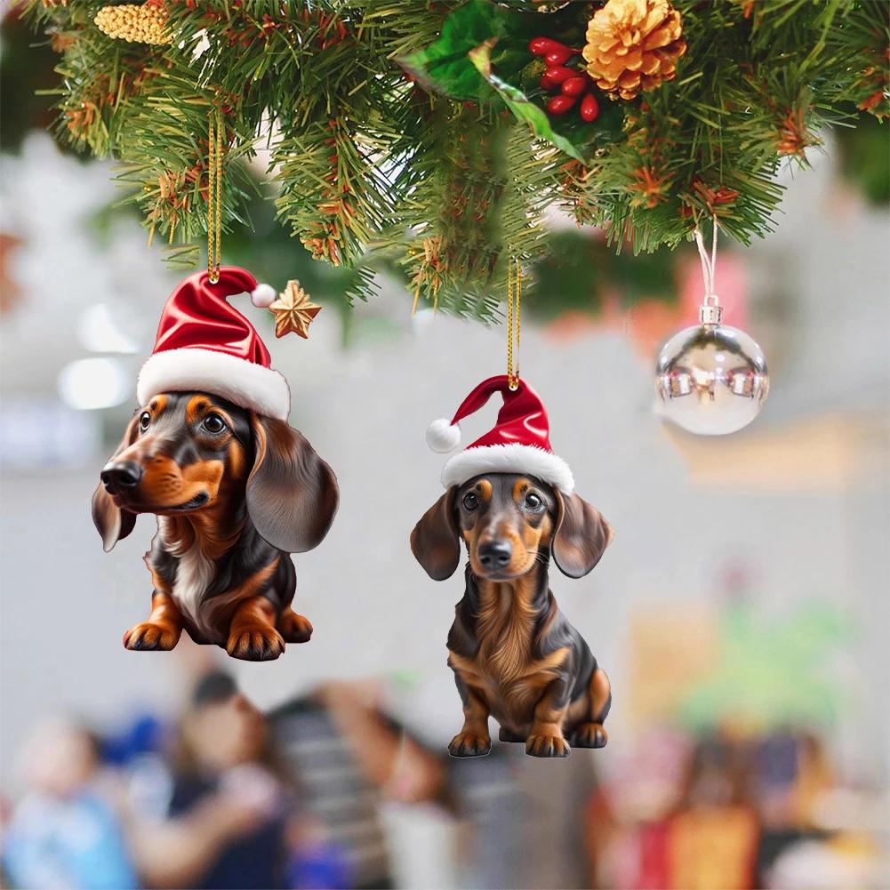 Christmas Cartoon Dog Ornament Acrylic Cute Dog Pendant Dog Figurines Decor Xmas Tree Backpack Car Interior Decor