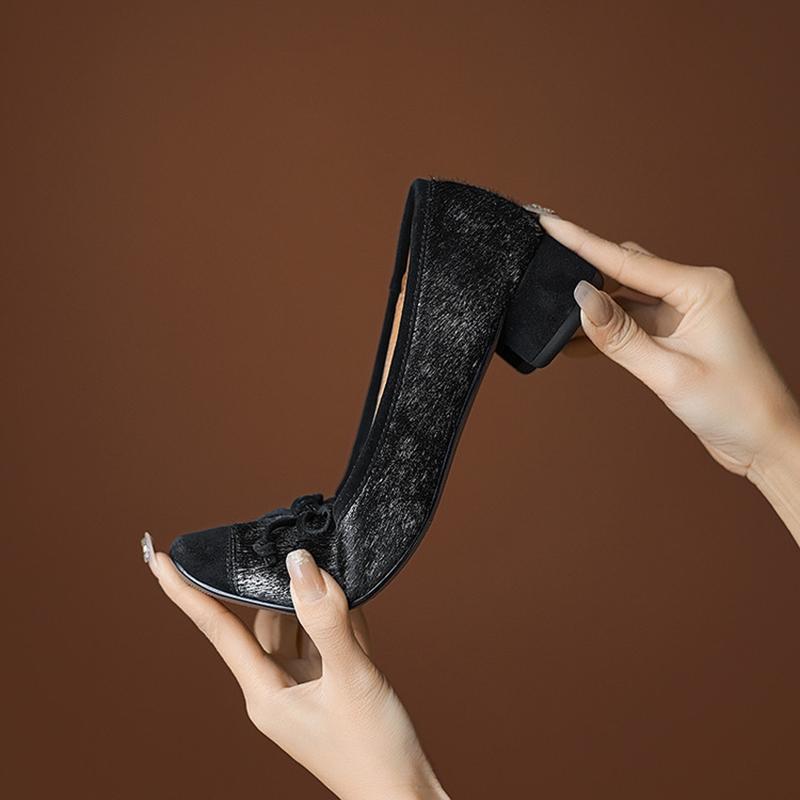 Fashion NEW Spring/Autumn Women Pumps Square Toe Chunky Heel Shoes Horsehair Shoes for Women Elegant Bow-knot Slip-on Soft Shallow Shoes