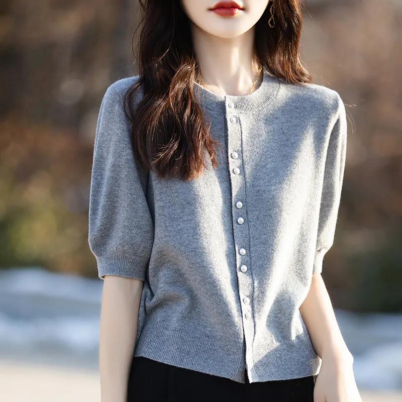 Summer New All Match Striped Knitted Short Sleeve Women's Half Sleeve Knitted Shirt Fashion V-neck Striped Top