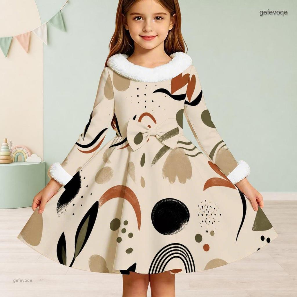 Girls Cream Printed Dress Furry Collar Long Sleeve Bow Waist A Line Flared Hem