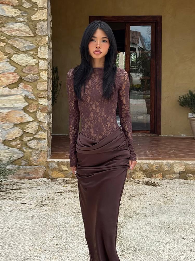2026 European & American Women's Autumn/Winter Sexy Lace See-through Bodycon Long Dress