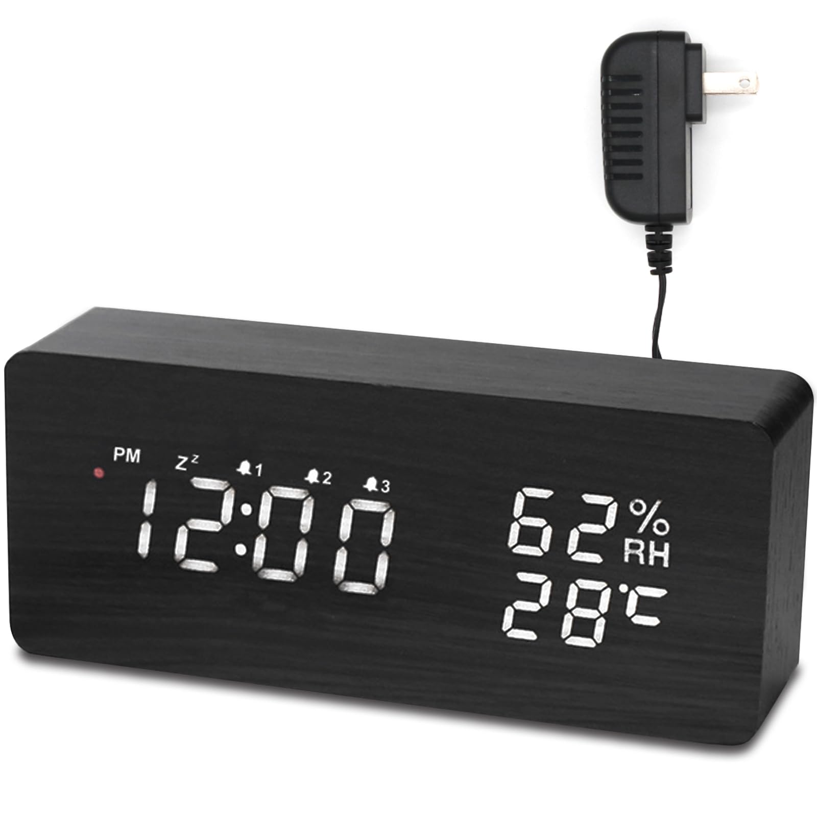 

Digital radio clock with wood grain visible even at large stylish 3 alarm 3 volume 80dB loud and date alarm AC power digital clock LED, bright, night, чёрный
