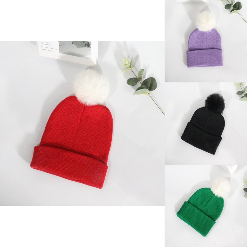 Warm Solid Color Plush Ball Acrylic Knit Cap For Fall Season Fashion