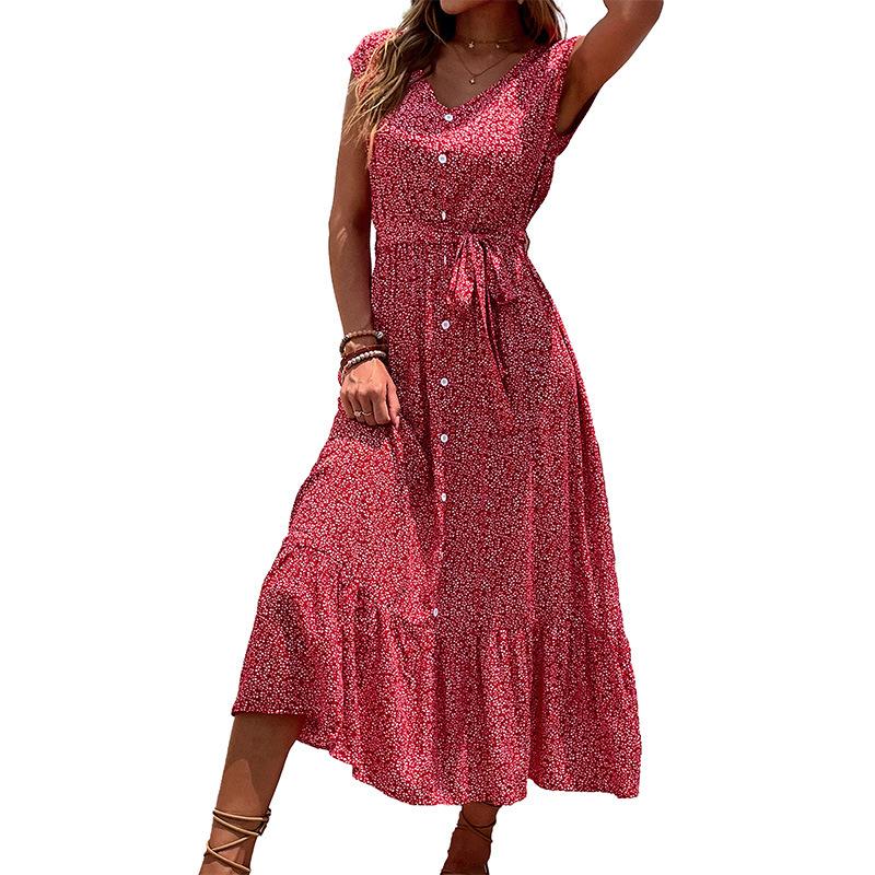 Women's V Neck Holiday Print Short Sleeve Lace Up A Line Chic Dress