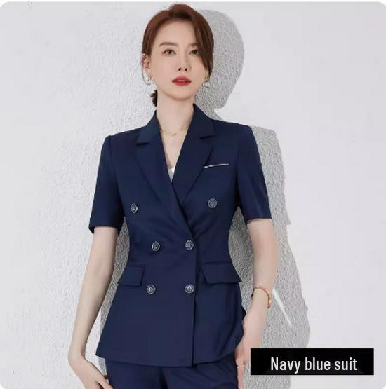 Navy Blue Short Sleeve Double-Breasted Professional Suit Set