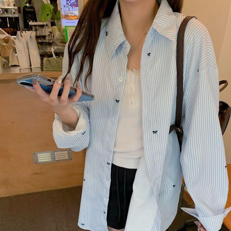 Women Blue Striped Loose Casual Long Sleeve Thin Sunscreen Shirt Blouse S