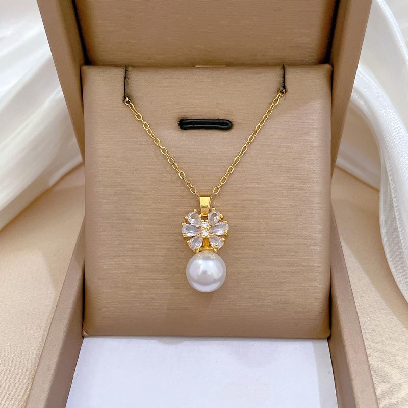Stainless Steel Chain Zircon Flower with Pearl Pendant Necklace for Women Elegant Gold Color Choker Jewelry Accessories Gifts