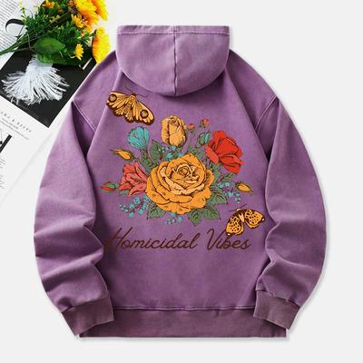 Butterflies And Flowers Washed Hoodie Womens Vintage Print Cotton Pullover Distressed Pocket Oversize Hoody Clothes