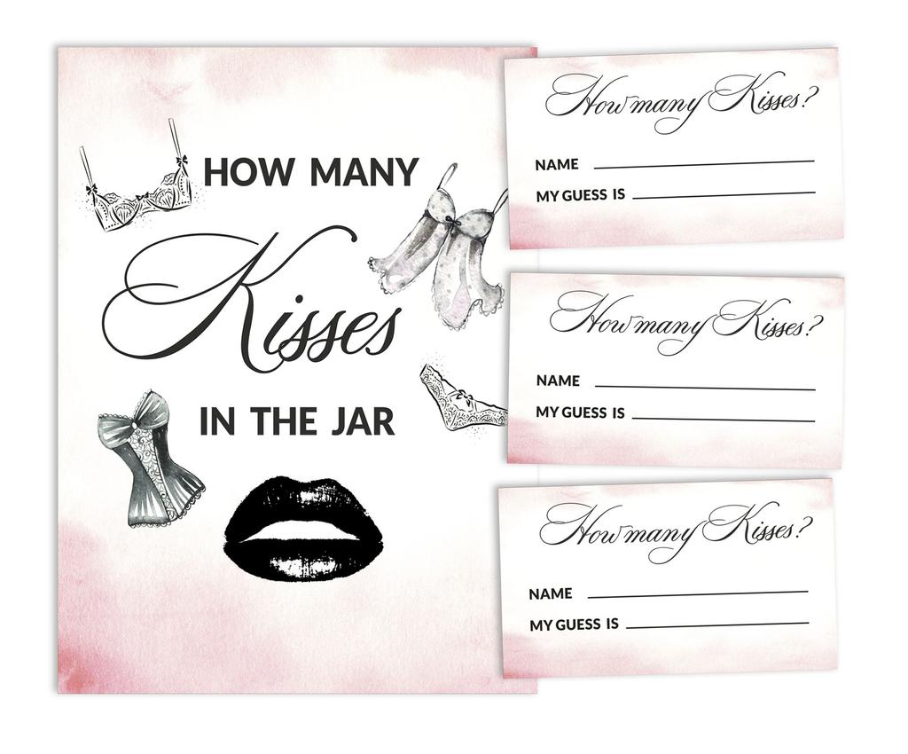 Inkdotpot How Many Kisses in The Jar Lingerie Shower Bridal Shower Game White 1 Sign + 30 Cards
