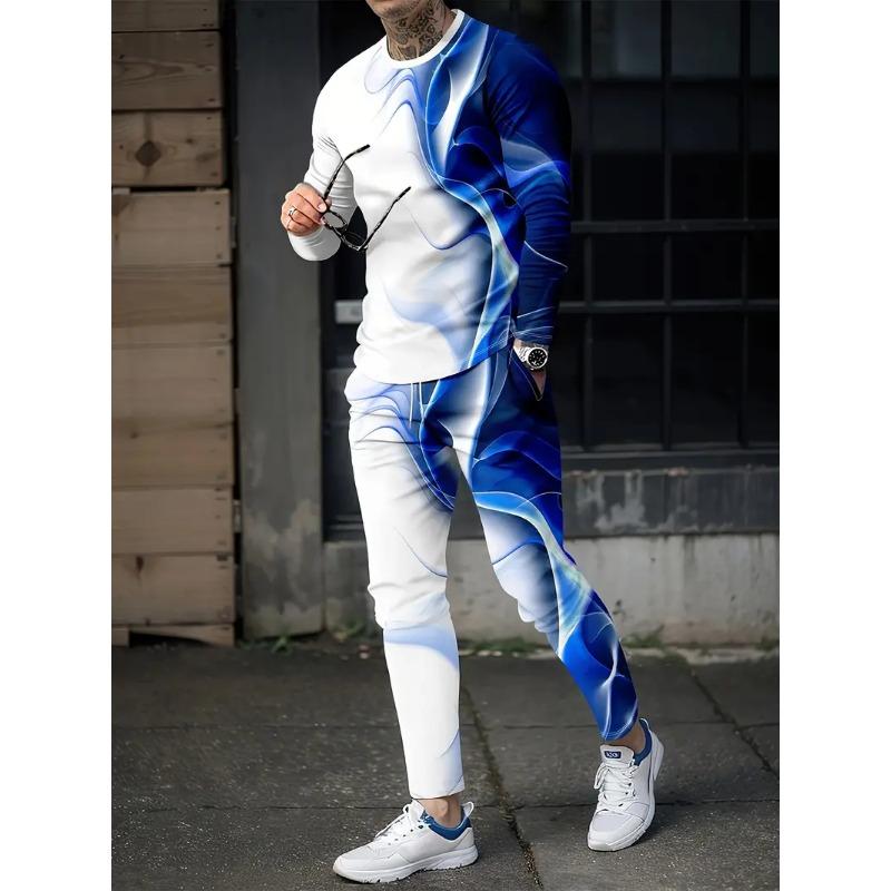 Set de costume casual din 2 piese pentru bărbați cu imprimeu geometric - Tricou elegant cu gât, pantaloni comozi cu șnur respirabili