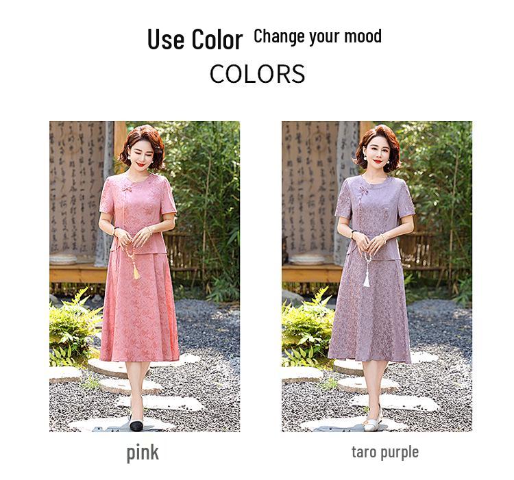 Elegancka letnia sukienka w stylu chińskim na rok 2025 dla kobiet w średnim wieku: Wyszczuplający, Modny, Design o średniej długości