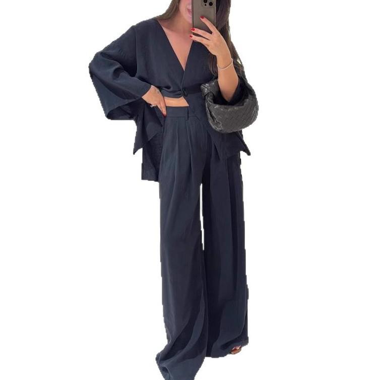 Black Deep V Neck Knitted Top and Wide Leg Pants Set