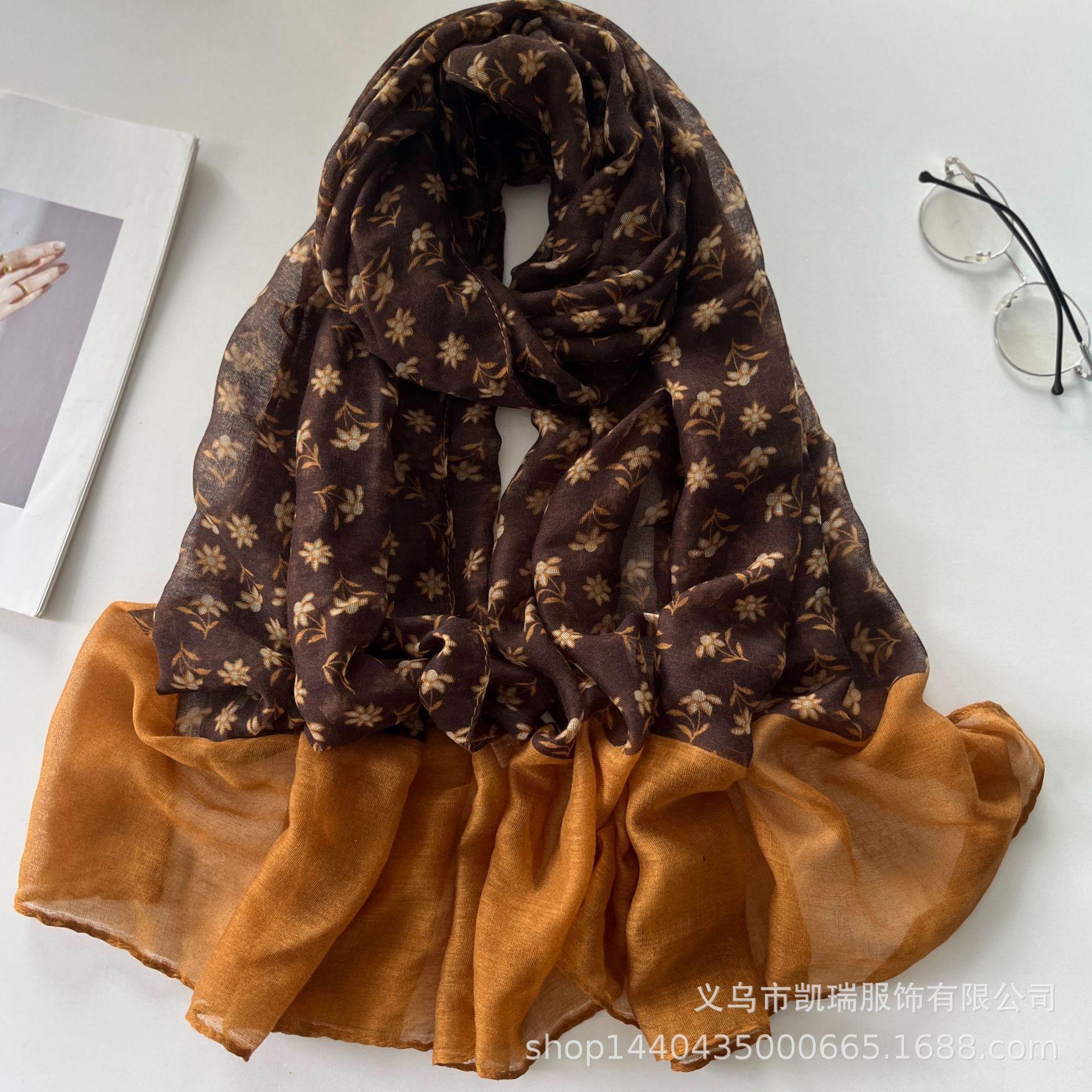 

Женский этнический шарф с цветочным принтом: Осенне-зимняя вуалевая шаль, смесь хлопка и льна, легкая и стильная. Model 1