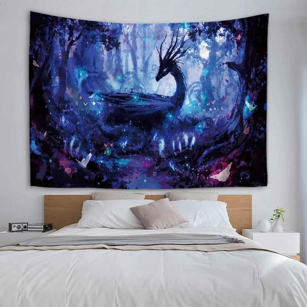 Traumhaftes Verzaubertes Wald-Wandteppich Blau Fantasie-Drache Wandkunst Cooles Anime-Dekor Wohnzimmer Schlafzimmer Wohnheim Natur Dekoratives Geschenk