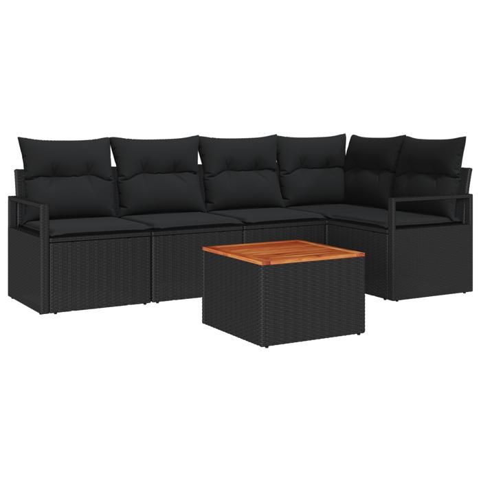 Ensemble de Canapés 6 Pièces avec Coussins Noir Rotin Acacia, Canapé 2 Places avec Rangement et Coussins Noir Rotin 3356378