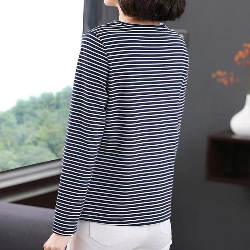 Casual Fashion Striped Printing T-shirt Spring Autumn Long Sleeve Peter Pan Collar V-Neck Loose Tops Ladies