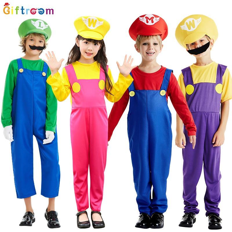 Halloween Costumes Adult Kids Parent-Child Costumes Super Mario Overalls Jumpsuit Cartoon Anime Game Uniform