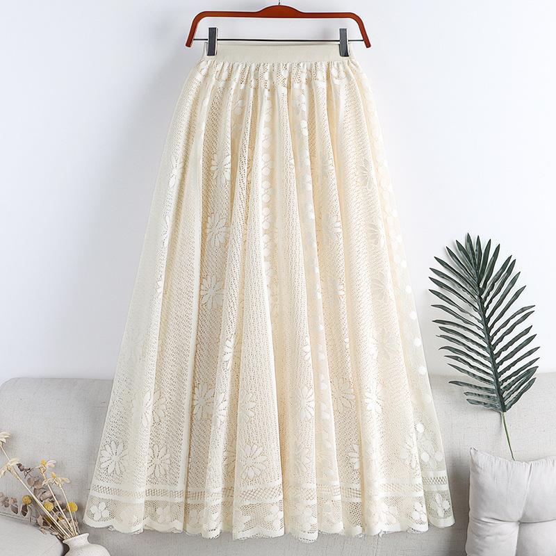 Frühling Neue Stil frauen High-taille Spitze Gehäkelte Hohl Mid-länge Große Schaukel A-linie Regenschirm Rock Rock langen Rock