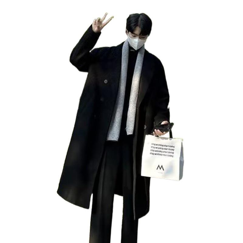 Herren Mittellanger Schwarzer Wollmantel - Verdickter Koreanischer Trenchcoat für Herbst und Winter