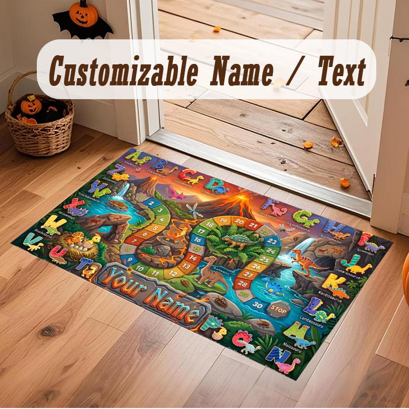 Dinosaur Theme Soft Crystal Velvet Rug Custom Name & Text Print Non Slip Floor Rug for Bedroom Living Room