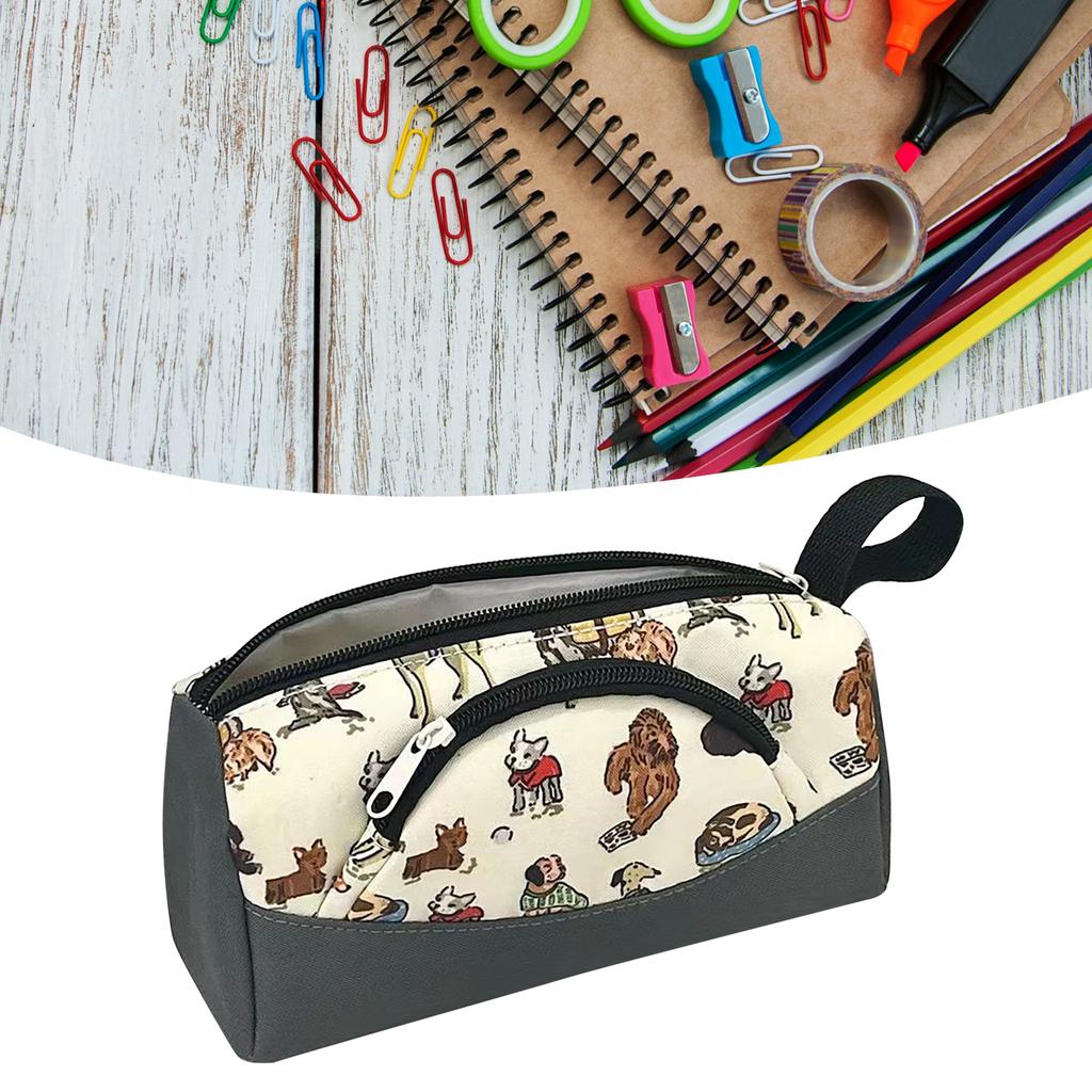 Canvas Pencil Case Large Capacity Double Layer Pen Pouch Cute Dog Stationery Storage Bag for