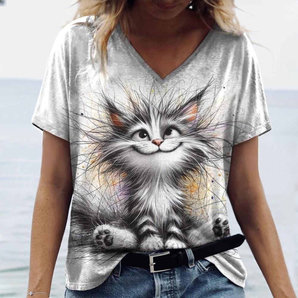 Women's T-shirt with cat print casual short sleeved 3D T-shirt