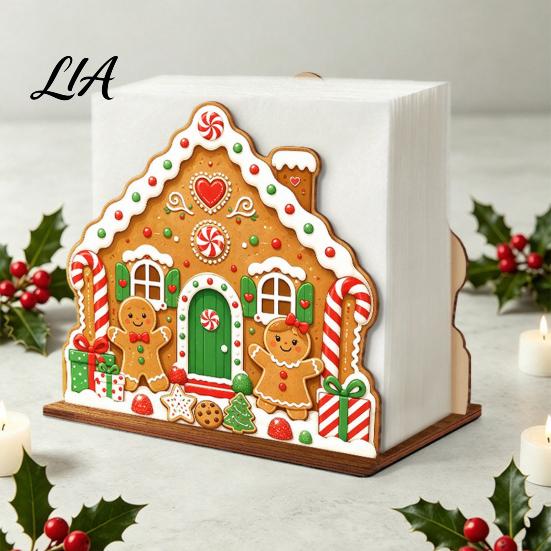 Christmas Home Decor Wooden Tissue Holder, Napkin Dispenser with Santa Gingerbread House Elk Rack Pattern, Decorative Organizer for Dining Table