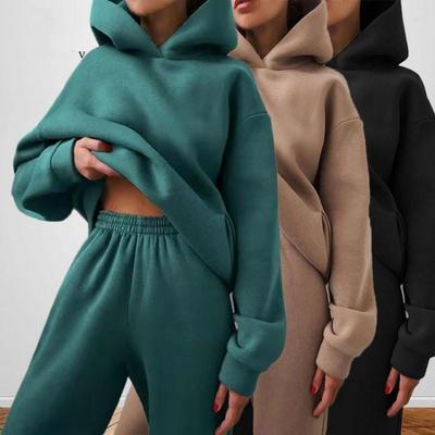 Fashion Elegant Women Two Piece Sets Warm Hoodie Sweatshirt And Long Pant Solid Suits For Ladies