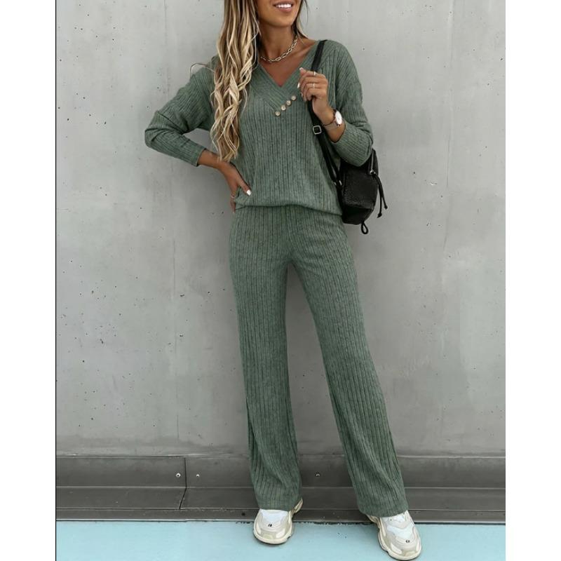Women Casual Loose Long Sleeve V Neck Knit Two Piece Top Wide Leg Pants Set Autumn Winter