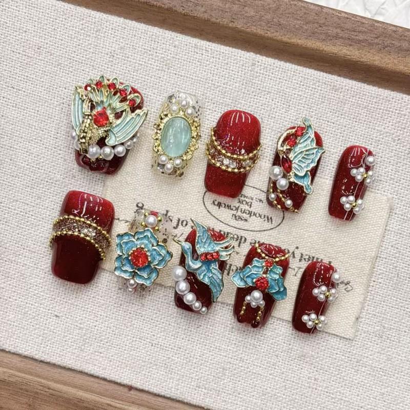 Handmade Chinese Style Bridal Nail Art Set With Phoenix Crown Motif Red Makeup Theme Premium Wearable Nails New Medium