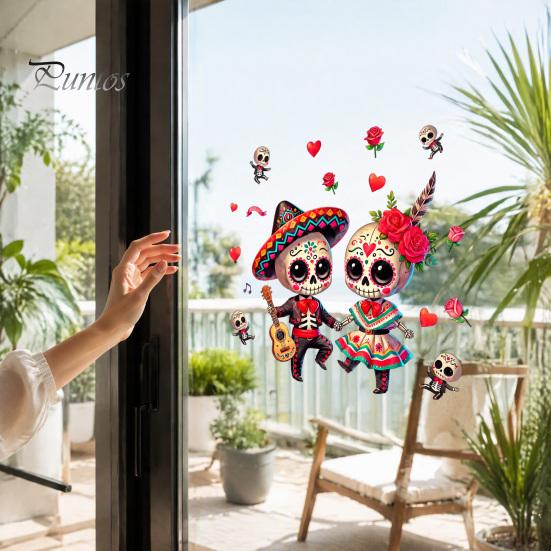 Waterproof Skeleton Art for Windows Halloween Cartoon Couple Window Stickers, PVC Day of The Dead Static Decals, Traditional Decorative Clings Mexican