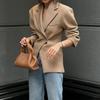 Women's Beige Loose Fit Notch Lapel Casual Blazer Asymmetric Hem Long Sleeve Jacket