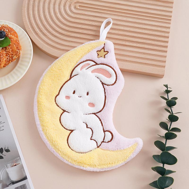 Cute Rabbit Pattern Hand Towel Soft Hanging Towels Absorbent Coral Fleece Towel Kitchen Bathroom Double-Thickness Hand Towel