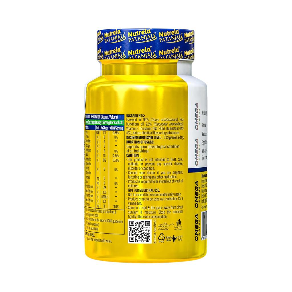 Nutrela Patanjali Omega 3 6 7 9 Vegetarian Softgels Pack of 60 Capsules for Heart Skin Wellness