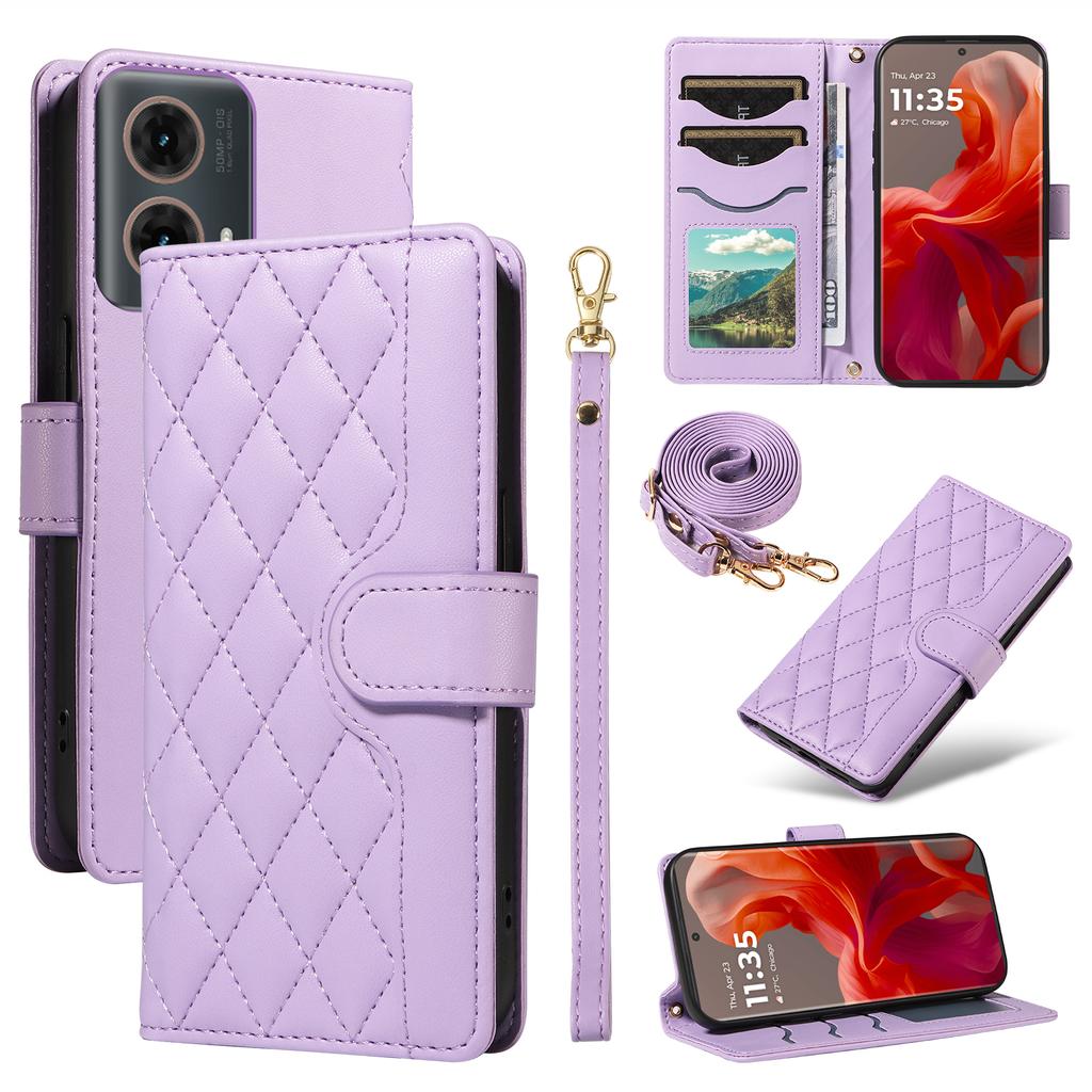 For Motorola Moto G85 5G/ S50 Neo 5G Case Wallet Rhombus Leather Phone Cover with Shoulder Strap,Wrist Strap