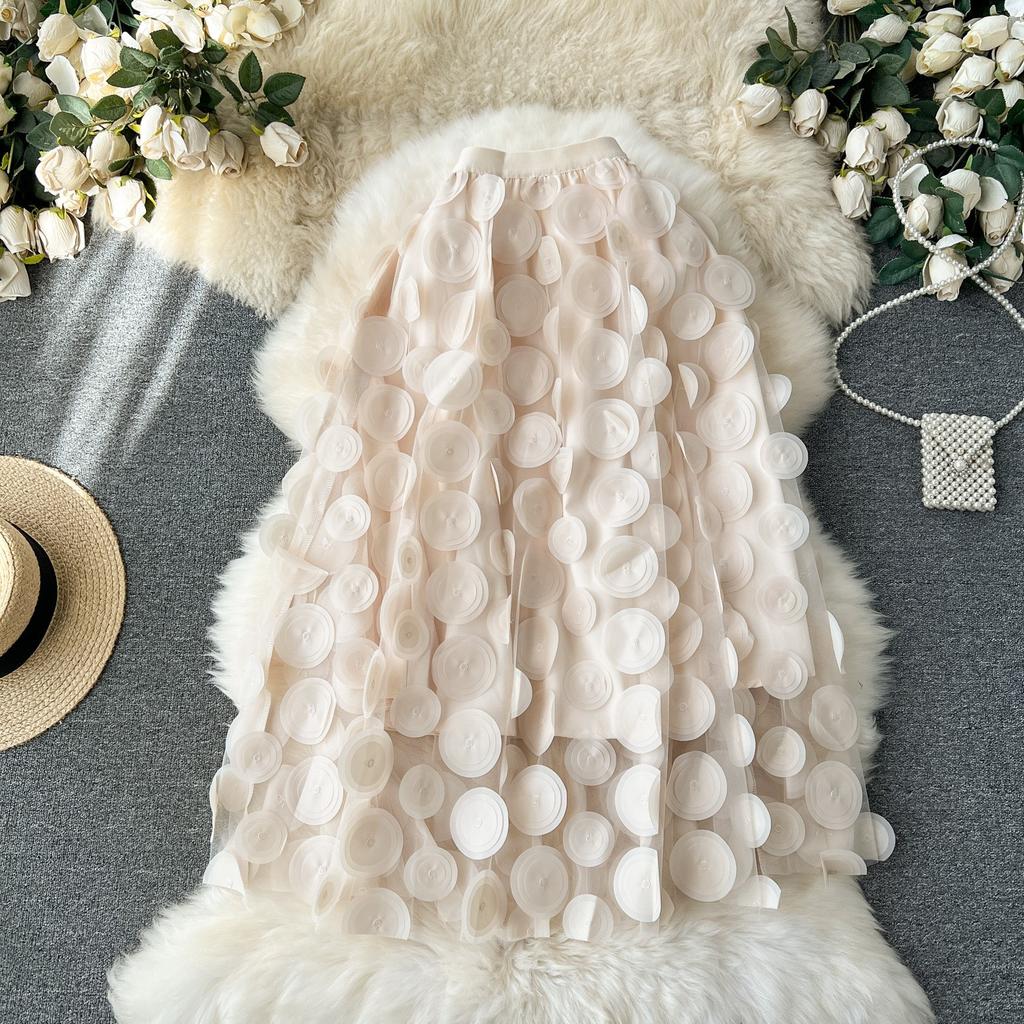 Gonna Tulle Estiva da Donna a Media Lunghezza Ricamata a Pois Tridimensionale ad Ampia Campana