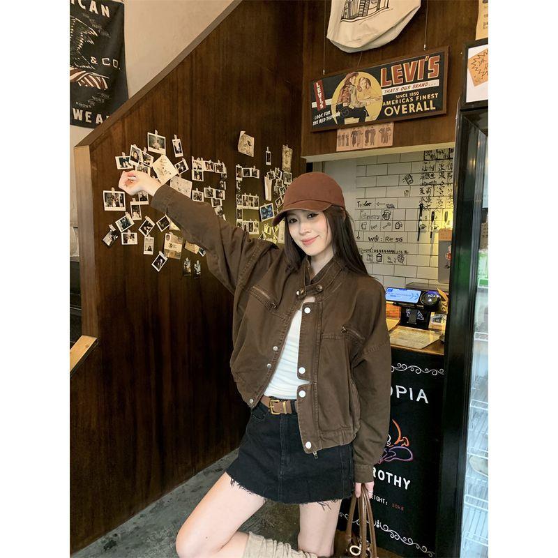 

Кумикуми Американский винтаж Деним Стойка воротник Длинный рукав Верхняя одежда Женская одежда Осень Нишевый шик Оверсайз куртка Топ Coffee denim Outwear L